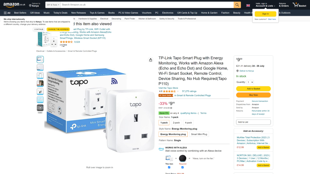 screenshot of the TP-Link Tapo P110 Wi-Fi Smart Plug homepage