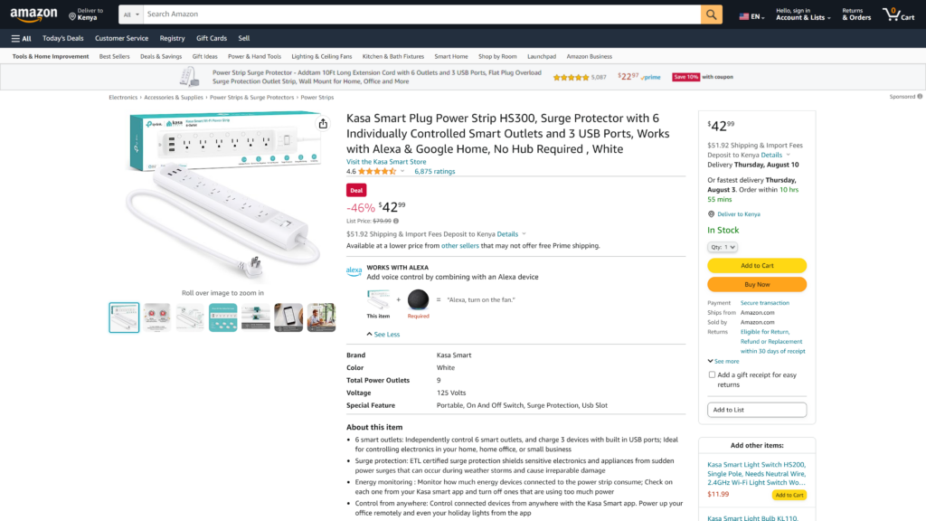 screenshot of the Kasa Smart Power Strip homepage