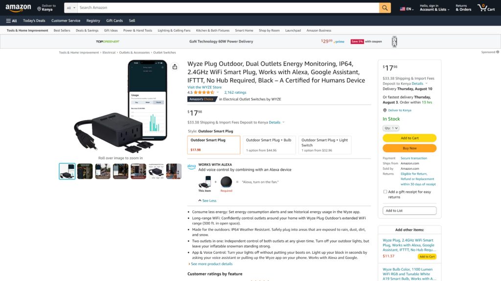 screenshot of the Wyze Plug Outdoor homepage