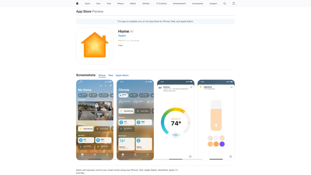 screenshot of the Apple HomeKit App homepage