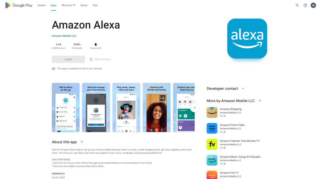 screenshot of the Amazon Alexa App homepage