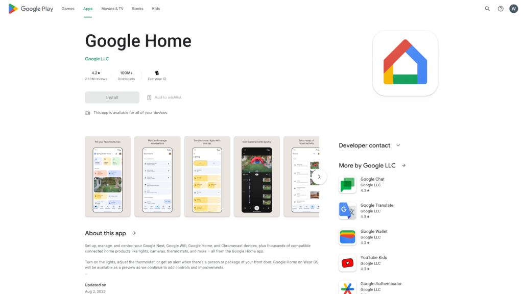 screenshot of the Google Home App homepage