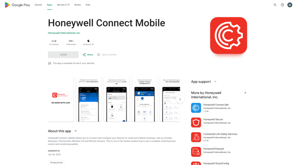 screenshot of the honeywell app homepage