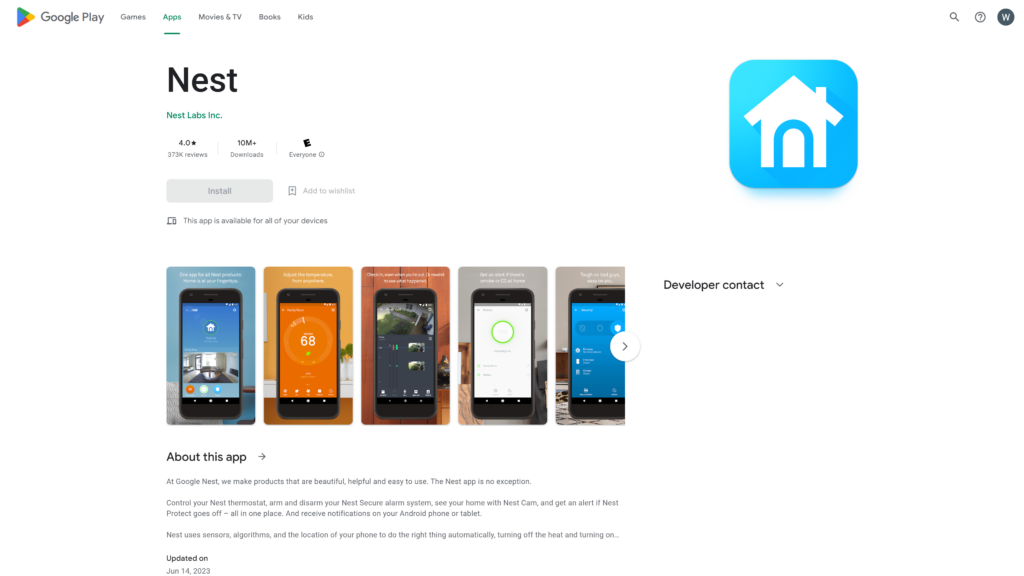 screenshot of the Nest App homepage