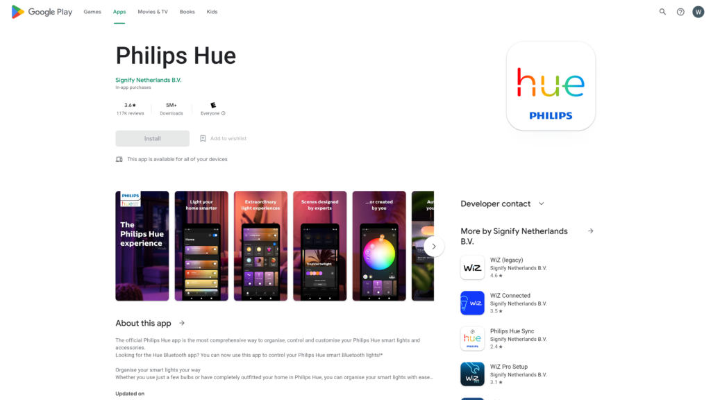 screenshot of the Philips Hue App homepage