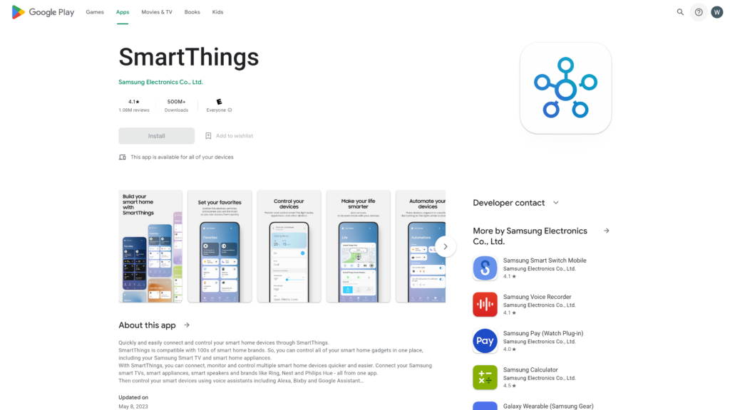 screenshot of the Samsung SmartThings App homepage