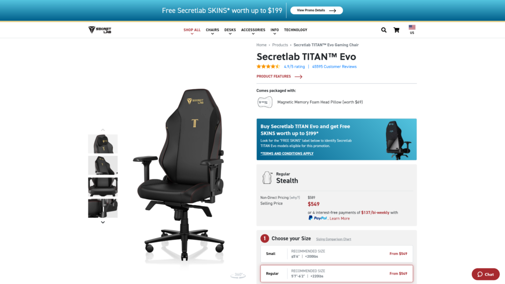 screenshot of the Secretlab Titan Evo homepage