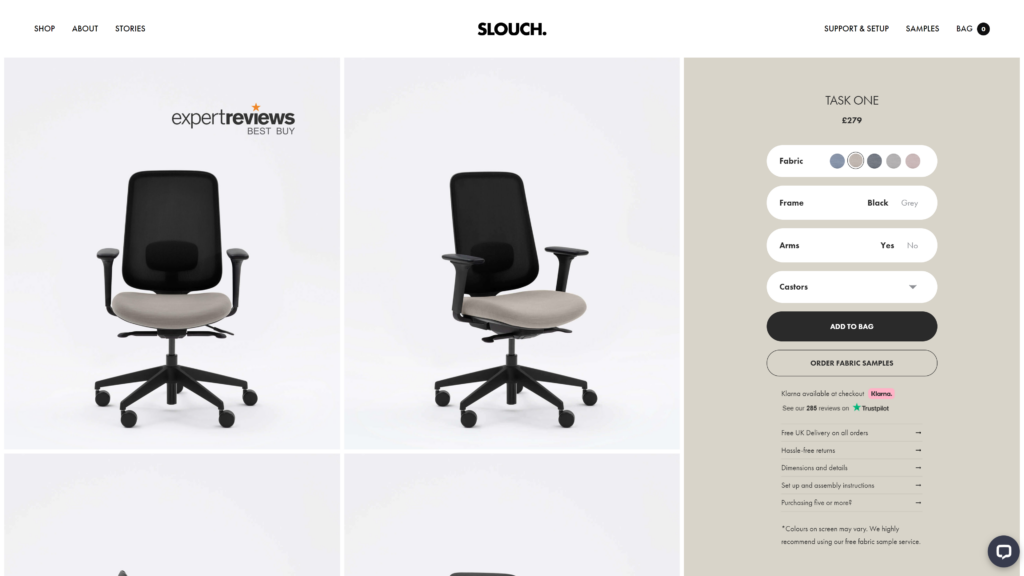 screenshot of the Slouch Task One home office chair homepage