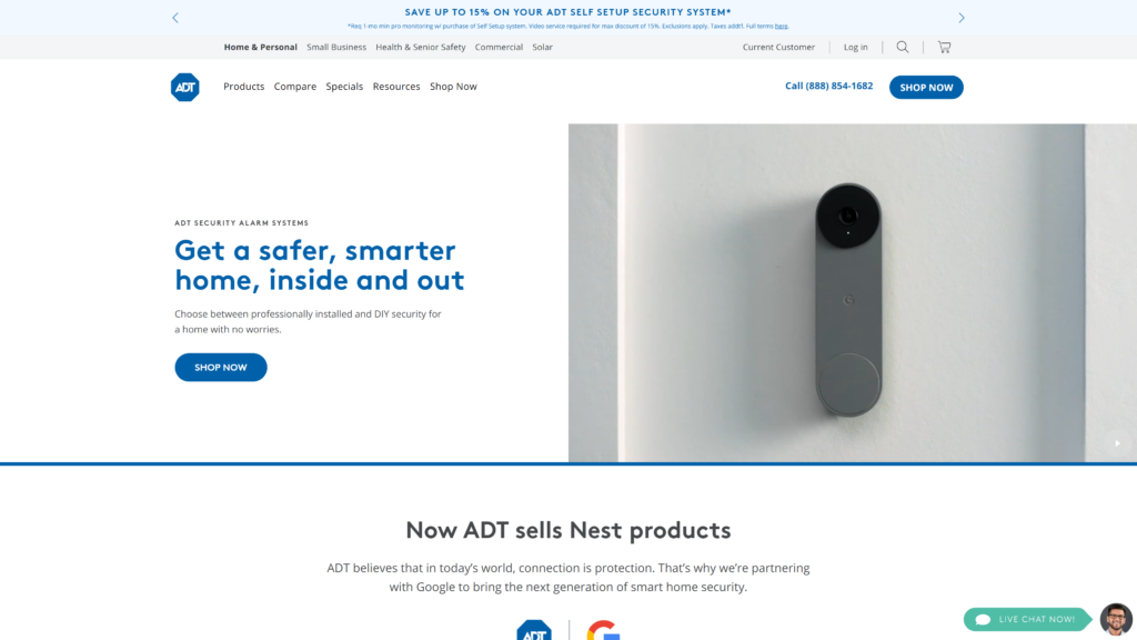 screenshot of the ADT homepage