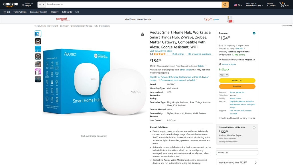 screenshot of the The Price of the Aeotec Smart Home Hub from Amazon