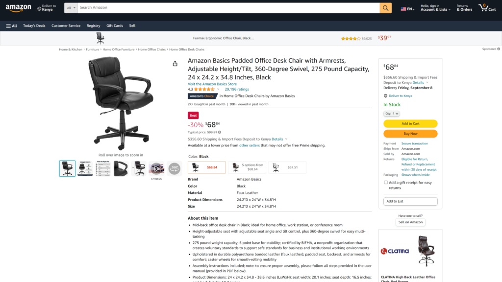 screenshot of the AmazonBasics Swivel Office Chair homepage