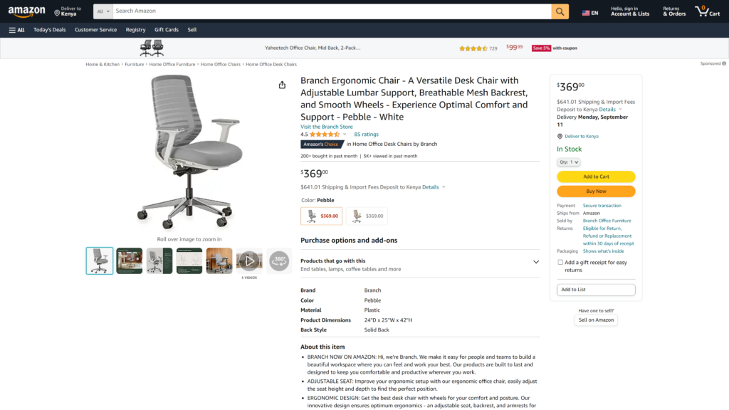 screenshot of the Branch Ergonomic Chair home office chair homepage