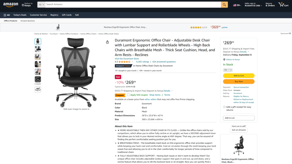 screenshot of the Duramont Ergonomic Office Chair home office chair screenshot