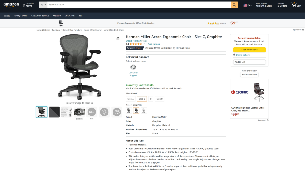 screenshot of the Herman Miller Aeron Chair home office chairs homepage