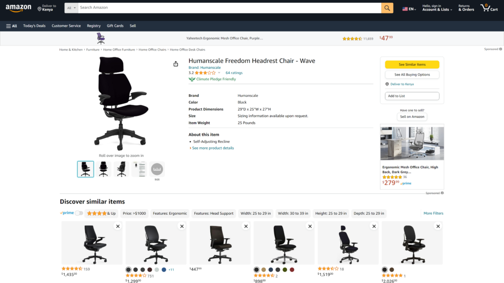 screenshot of the Humanscale Freedom Chair homepage