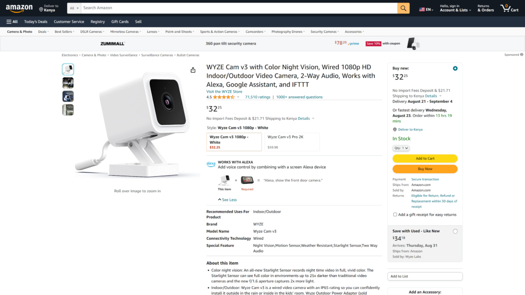 screenshot of the Wyze Cam v3 Wireless Security Camera homepage