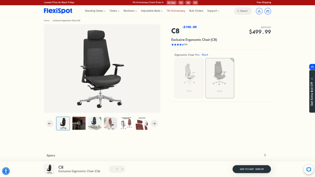 screenshot of the FlexiSpot Pro Plus Office Chair homepage