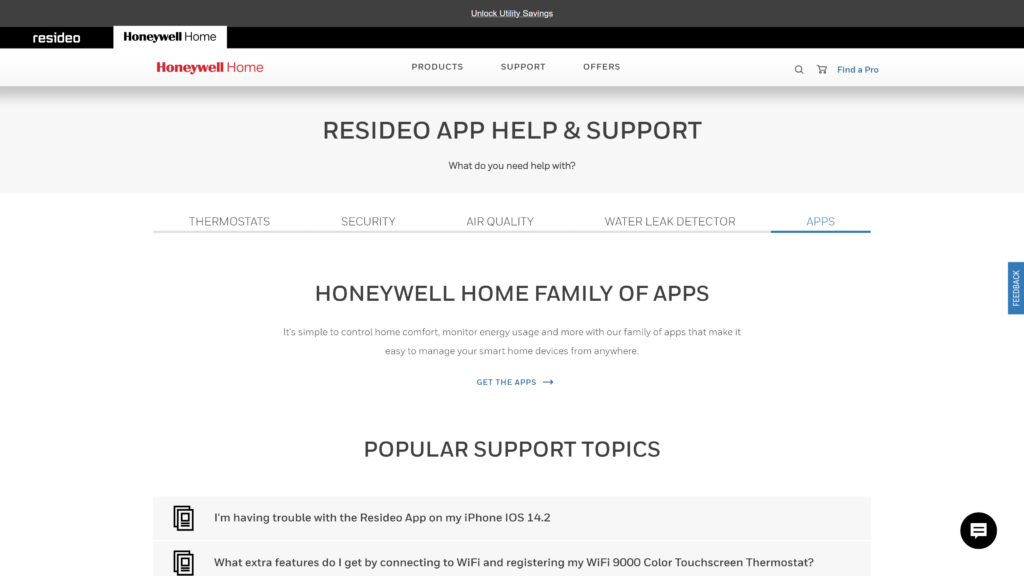 screenshot of the Honeywell Home App homepage