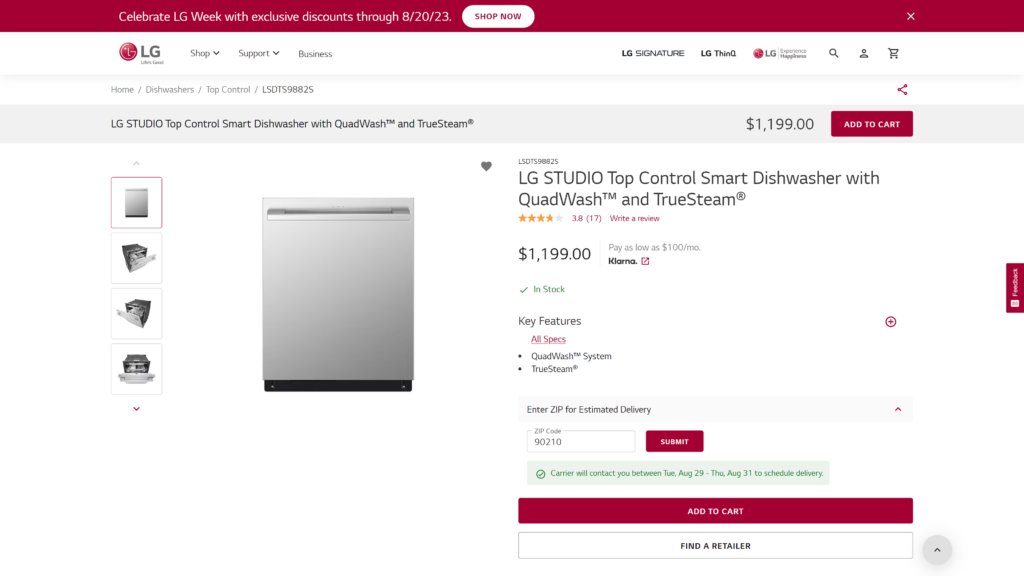 screenshot of the LG Studio Top Control Smart Dishwasher  Kitchen Appliances for Your Smart  homepage