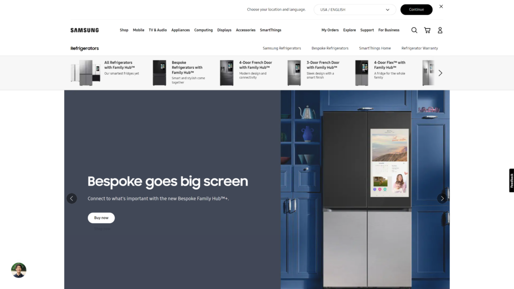 screenshot of the Samsung Family Hub Refrigerator  Kitchen Appliances for Your Smart homepage