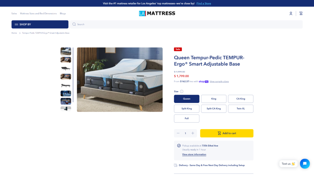 screenshot of the Tempur-Pedic Tempur-Ergo Smart Bed homepage