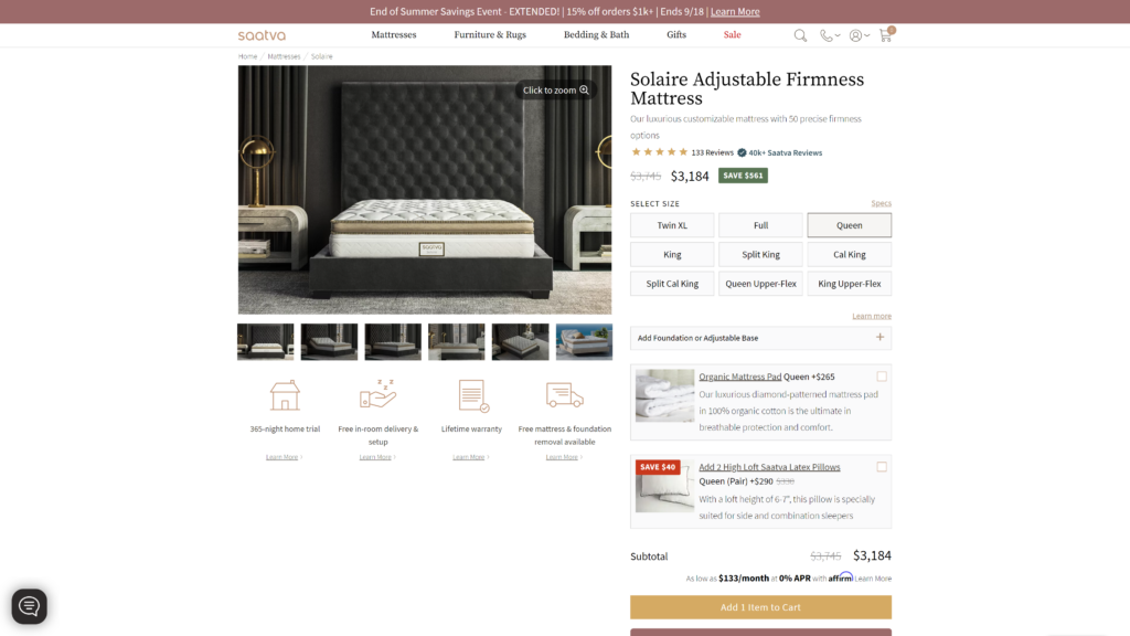 screenshot of the Saatva Smart Bed best smart  bed homepage