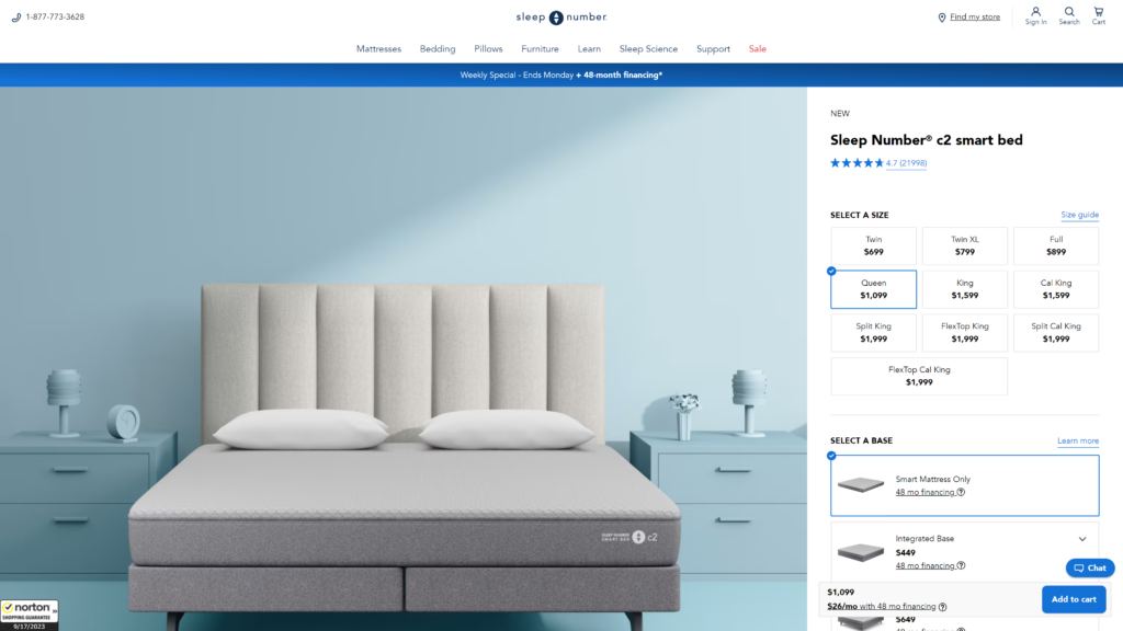 screenshot of the Sleep Number 360 c2 Smart Bed homepage