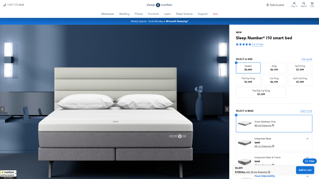 screenshot of the Sleep Number i10 Smart Bed homepage