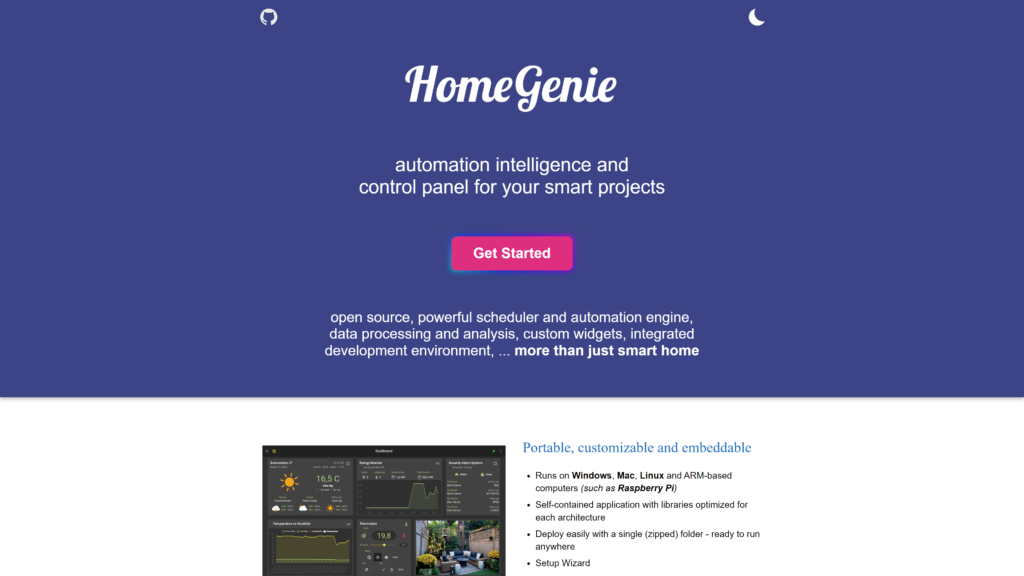 screenshot of the homegenie homepage