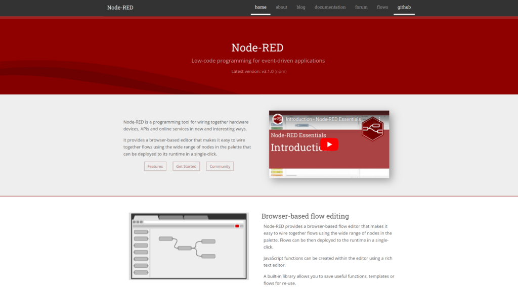 screenshot of the nodered homepage