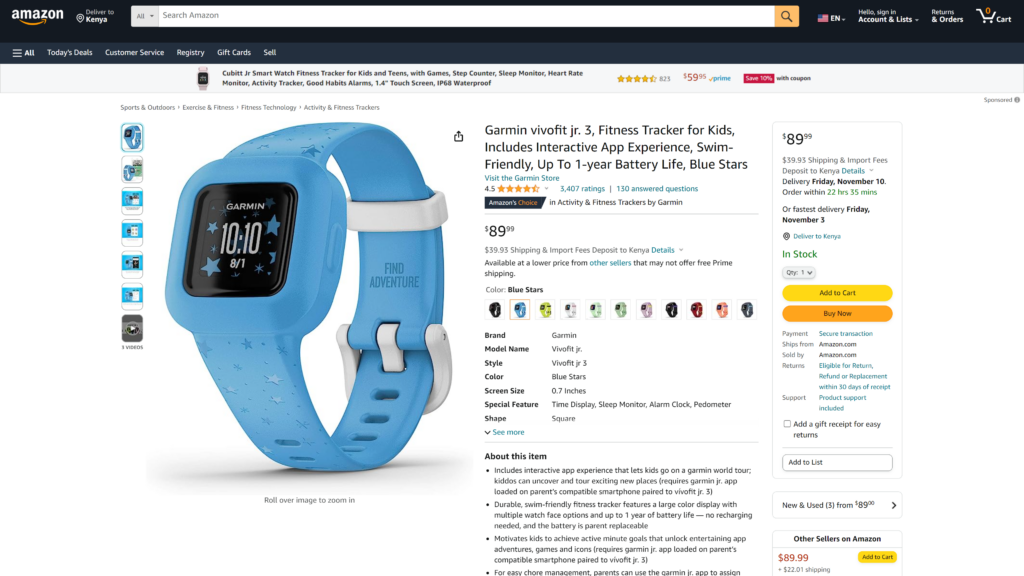 screenshot of the Garmin Vivofit Jr. 3 homepage