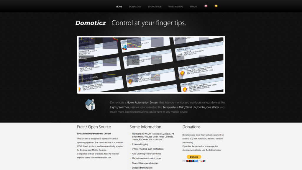 screenshot of the domoticz home automation open source homepage