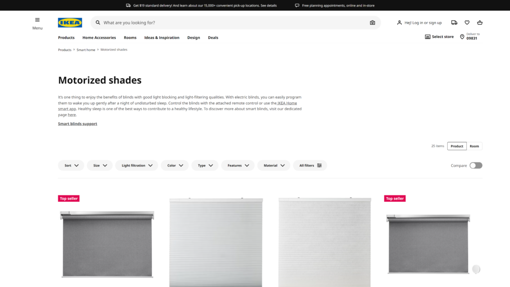 screenshot of the IKEA Fyrtur Smart Blinds homepage