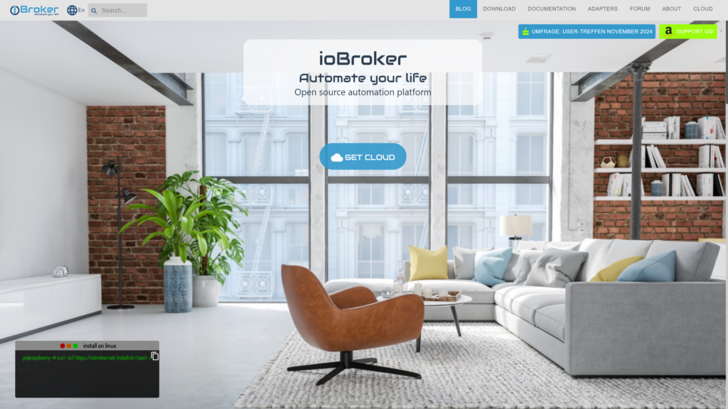 screenshot of the iobroker.net home automation open source homepage