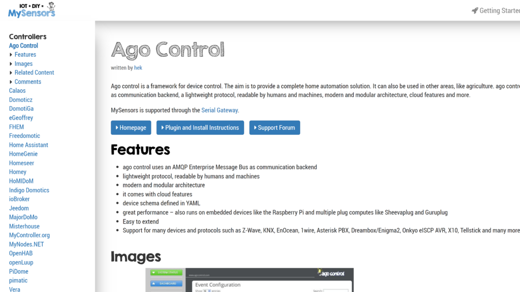 screenshot of the agocontrol homepage