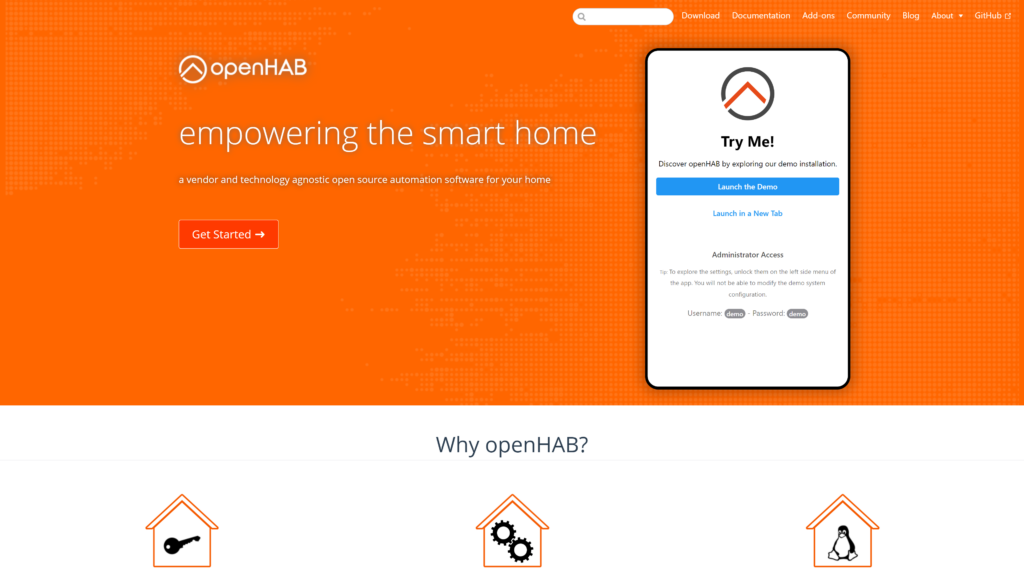 screenshot of the openhab home automation open source homepage