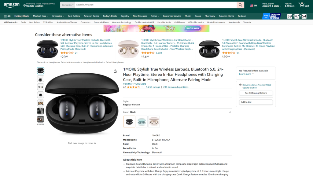 screenshot of the 1MORE Stylish True Wireless Earbuds homepage