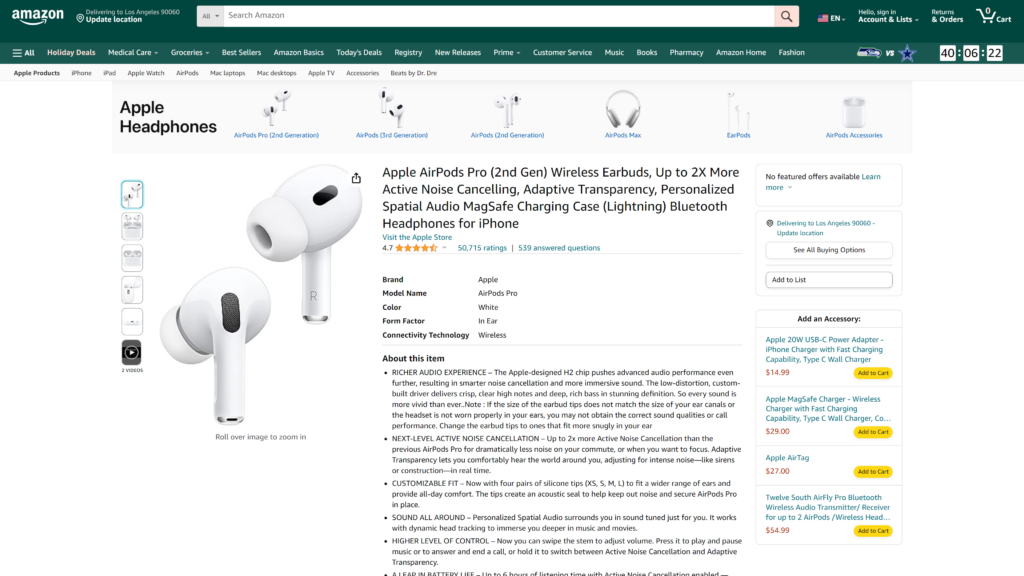 screenshot of the Apple AirPods Pro wireless bluetooth earphones homepage