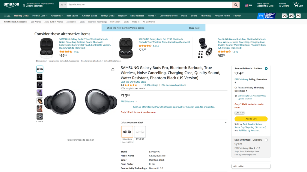 screenshot of the Samsung Galaxy Buds Pro wireless bluetooth earphones homepage