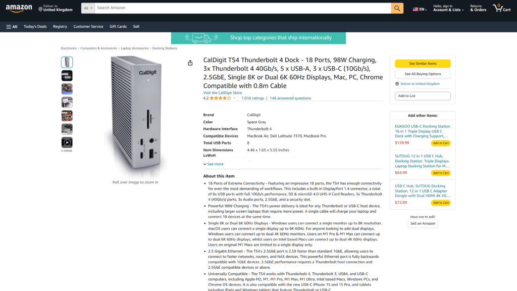 screenshot of the CalDigit TS4 Thunderbolt 4 Dock usb c docking station homepage