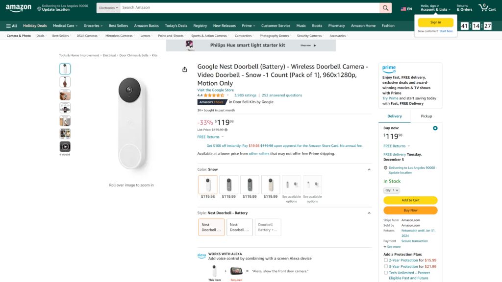 screenshot of the Google Nest Doorbell wifi smart camera homepage