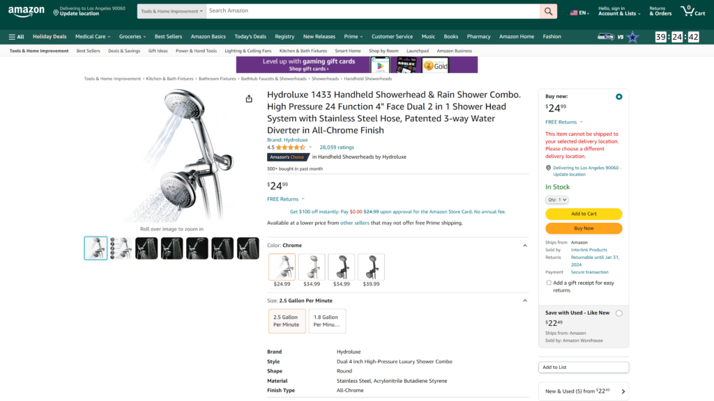 screenshot of the Hydroluxe 1433 smart shower head homepage