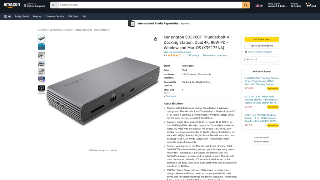 screenshot of the Kensington SD5700T Thunderbolt 4 Docking Station usb c docking station homepage