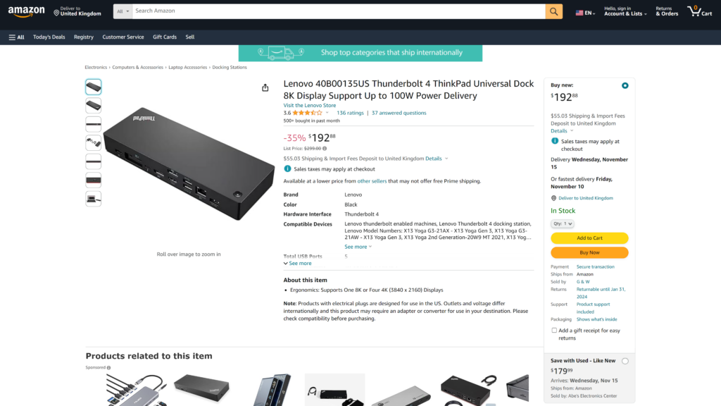 screenshot of the Lenovo Thunderbolt 4 Dock usb c docking station homepage