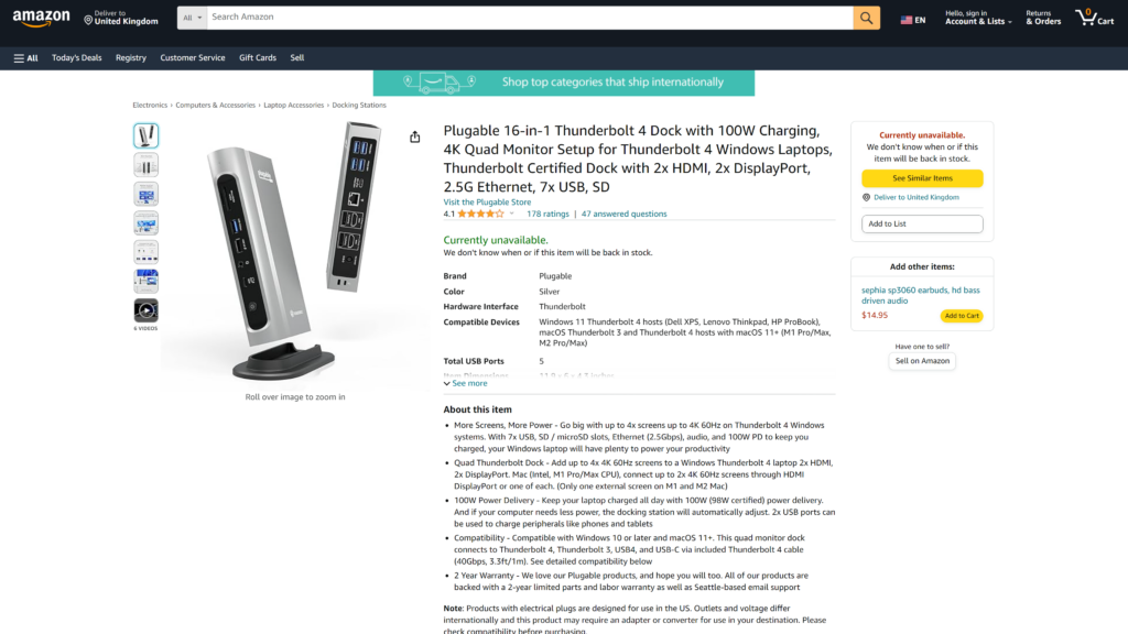 screenshot of the Plugable Thunderbolt 4 & USB4 Quad Display Docking Station TBT4-UDZ homepage