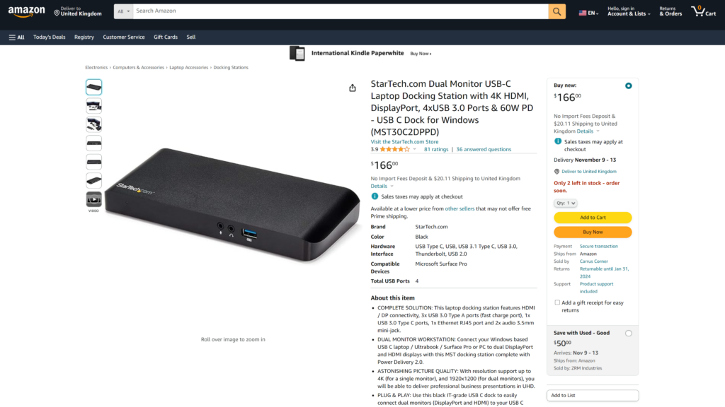 screenshot of the StarTech USB-C Docking Station usb c docking station homepage