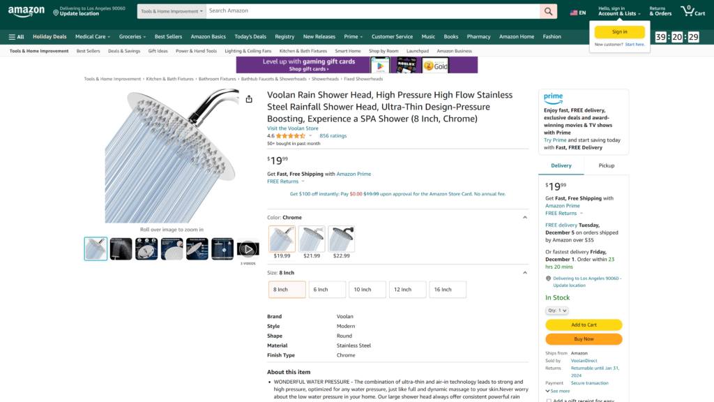 screenshot of the Voolan High-Pressure Rain Shower Head smart shower head homepage