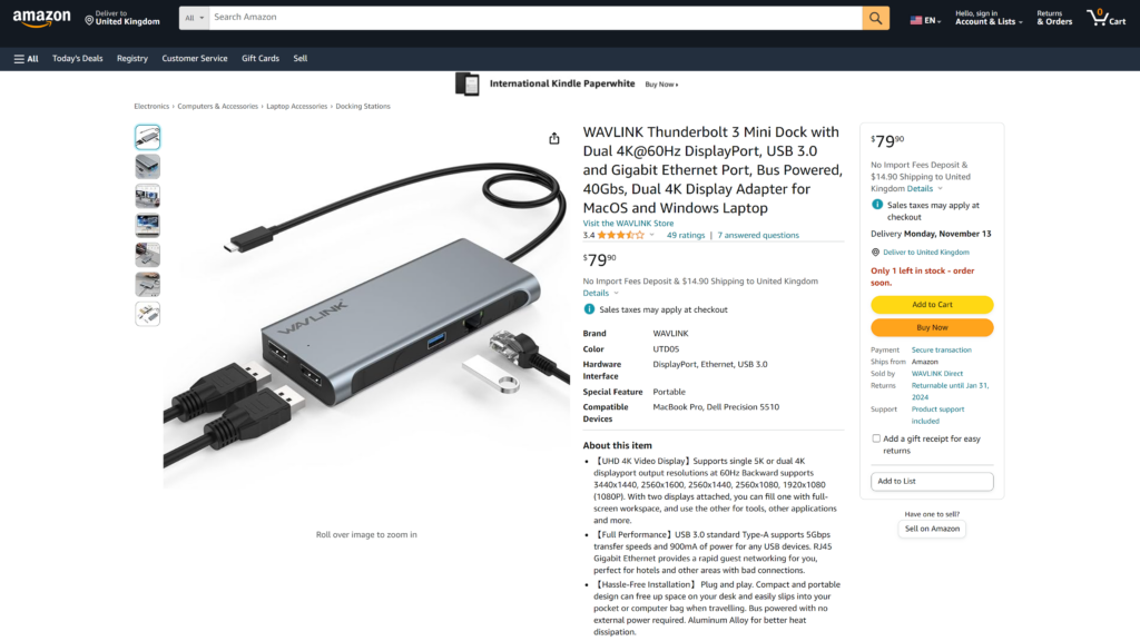 screenshot of the Wavlink Thunderbolt 3 Mini Dock homepage