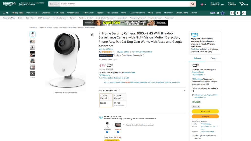 screenshot of the YI 1080p Home Camera wifi smart camera homepage