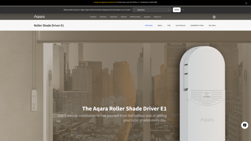 screenshot of the Aqara Roller Shade Driver E1 homepage